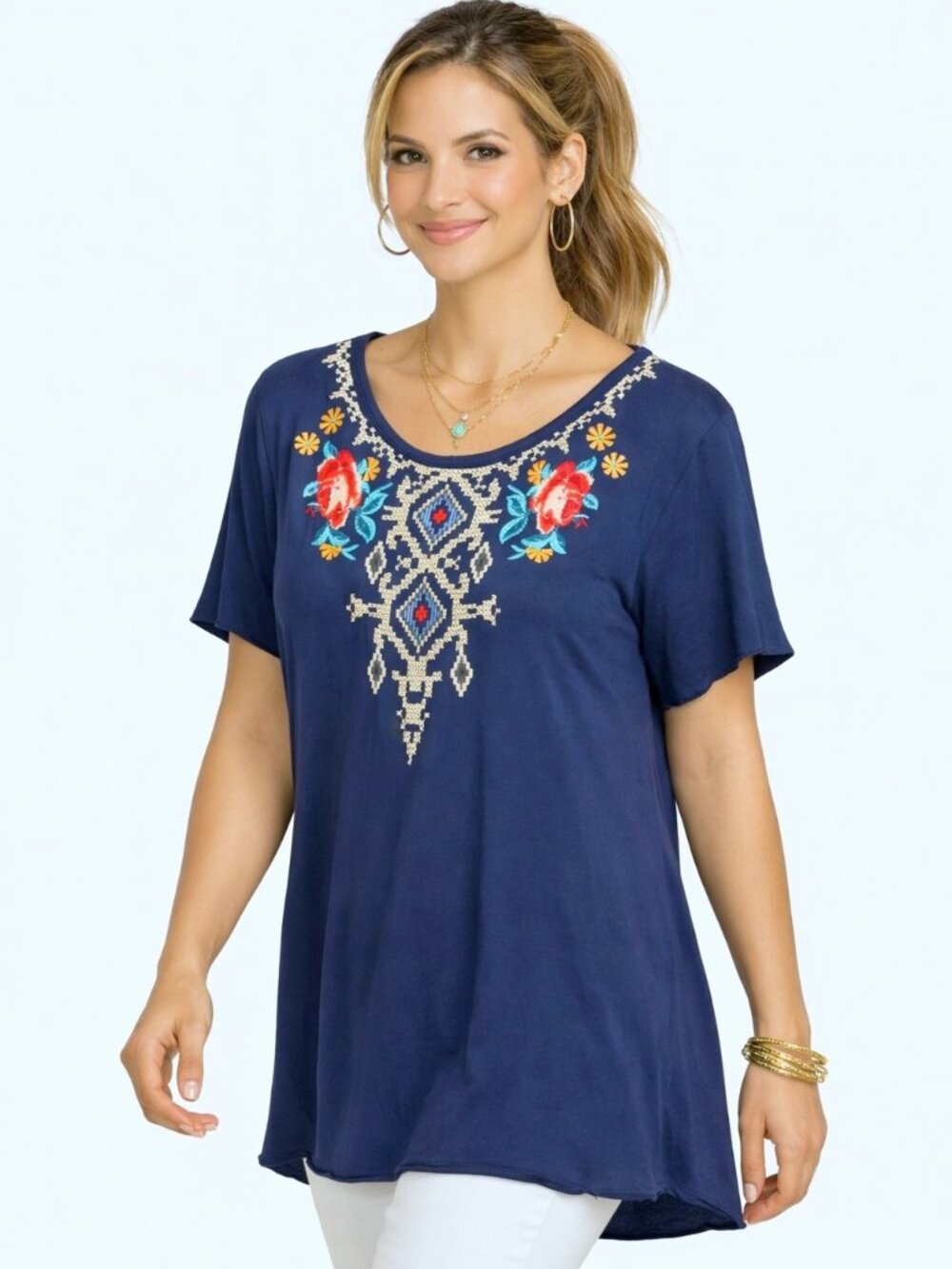 Johnny Was LA Boho Embroidered Floral V-Neck T-Shirt Tunic Blue Size XL